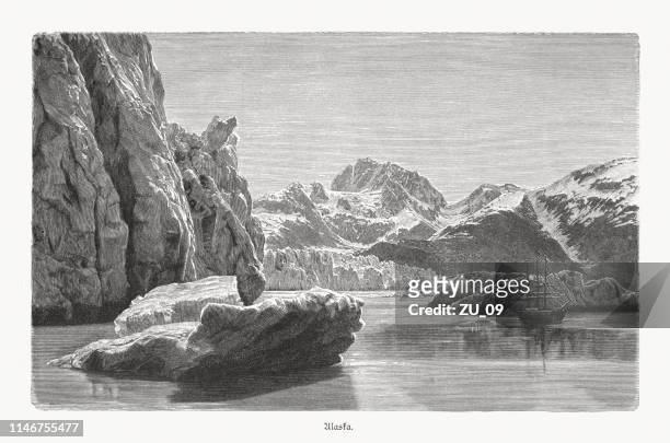 stockillustraties, clipart, cartoons en iconen met de muir inlaat gletsjer in alaska, usa, houtsnede, gepubliceerd 1897 - ijsberg