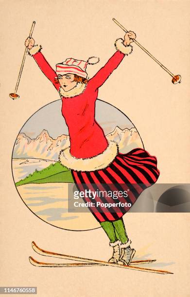Vintage postcard, published at the time of the first Winter Olympic Games in Chamonix, France, featuring a young girl skiing with a mountain...