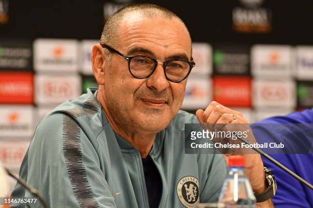 Chelsea Manager Maurizio Sarri at the Press Conference at the Olympic Stadium on May 28, 2019 in Baku, Azerbaijan.