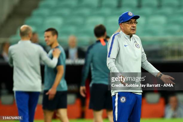 Maurizio Sarri the head coach / manager of Chelsea reacts during the Chelsea training session prior to the UEFA Europa League Final between Chelsea...