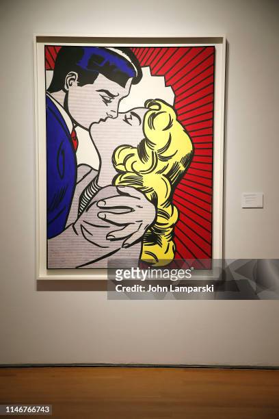 An art piece named "Kiss III" by Roy Lichtenstein is displayed during the unveiling of highlights from "20th Century Week" at Christie's on May 03,...