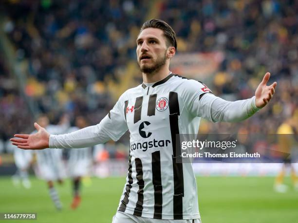 Dimitris Diamantakos of St. Pauli celebrates during the Second Bundesliga match between SG Dynamo Dresden and FC St. Pauli at Rudolf-Harbig-Stadion...