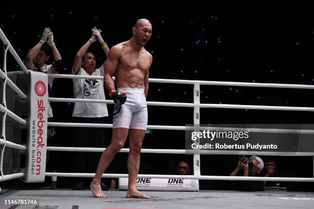 Yushin Okami of Japan prepares before fighting against Kiamrian Abbasov of Kyrgyzstan during ONE Championship Welter Weight at Istora Senayan on May...