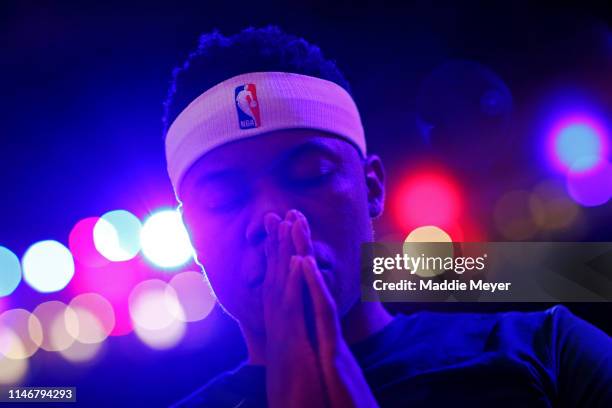 Tim Frazier of the Milwaukee Bucks during the national anthem before Game 3 of the Eastern Conference Semifinals of the 2019 NBA Playoffs at TD...