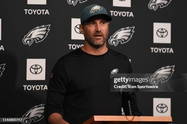 Offensive Coordinator Mike Groh at the podium during the Eagles OTA on May 28 at NovaCare Training Complex in Philadelphia, PA.