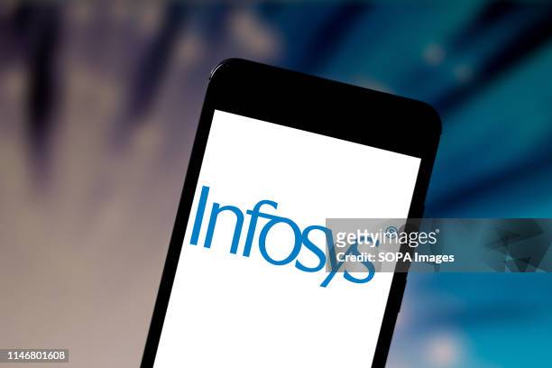 In this photo illustration the Infosys Limited logo is seen displayed on a smartphone.