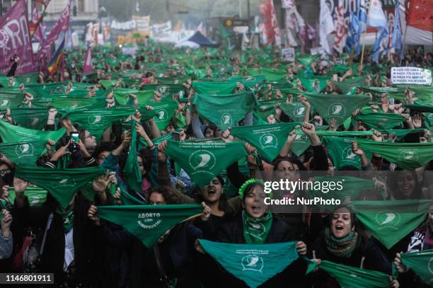 Women attend a rally in favor of the election in favor of decriminalizing abortion outside Congress in Buenos Aires, Argentina, on Tuesday, May 28,...