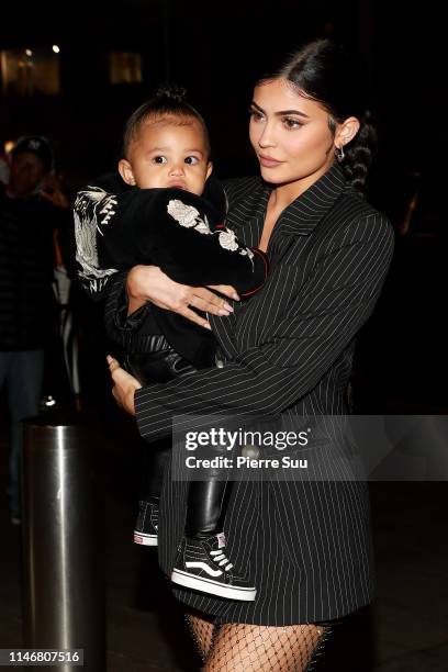 Kylie Jenner and daughter Stormi Webster arrive at Nobu restaurant on May 03, 2019 in New York City.