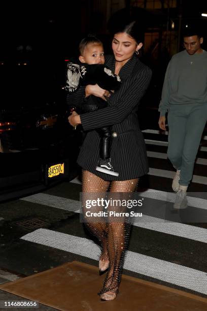 Kylie Jenner and daughter Stormi Webster arrive at Nobu restaurant on May 03, 2019 in New York City.