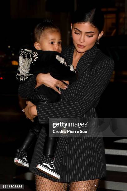 Kylie Jenner and daughter Stormi Webster arrive at Nobu restaurant on May 03, 2019 in New York City.