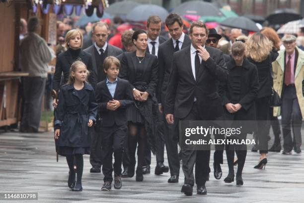 Niki Lauda's widow, Birgit Lauda , Lauda's children Max , Mia and Lukas Lauda arrive at St Stephen's Cathedral in Vienna for the funeral ceremony of...