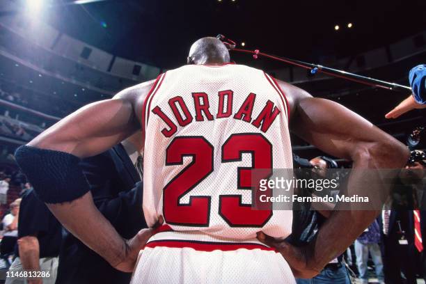 Close-up view of the jersey of Michael Jordan of the Chicago Bulls during Game Two of the Eastern Conference Finals on May 19, 1998 at the United...