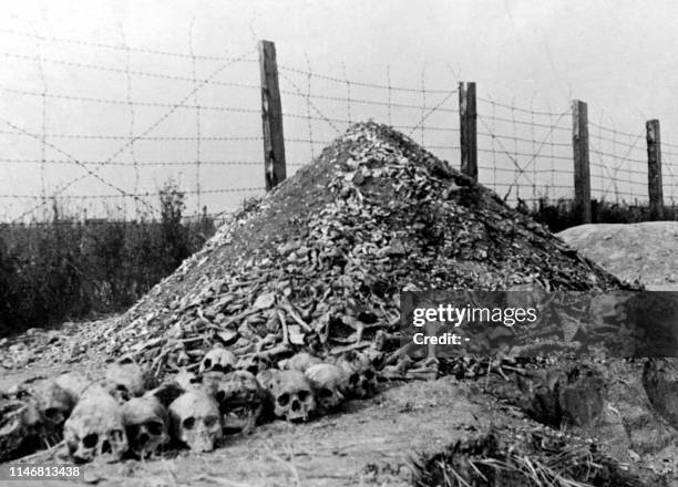 Pile of human bones and skulls is seen in 1944 at the Nazi concentration camp of Majdanek in the outskirts of Lublin, the second largest death camp...