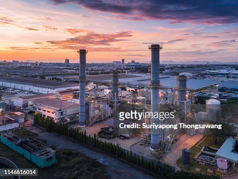 Aerial view Power plant or Power house at dusk for electric energy concept background.
