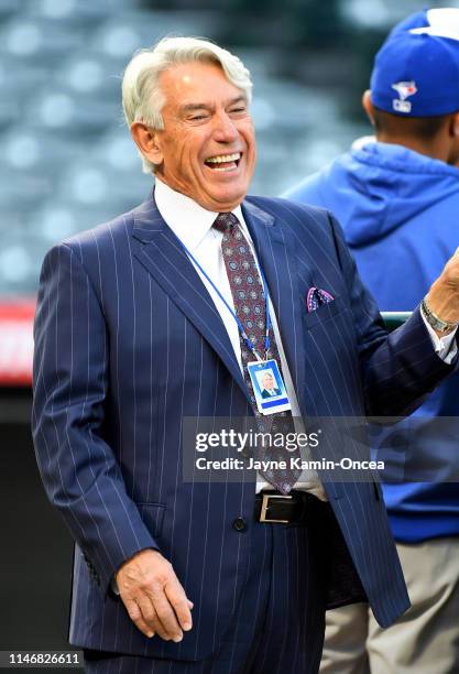 Toronto Blue Jays broadcaster Buck Martinez laughs during batting practice before the game against the Los Angeles Angels of Anaheim at Angel Stadium...