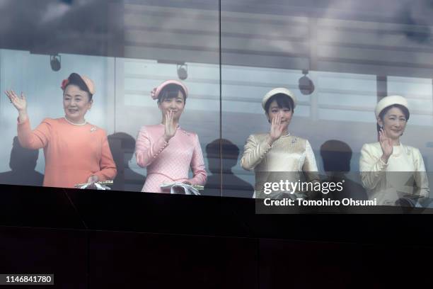 Princess Tomohito of Mikasa, Princess Kako, Princess Mako and Princess Kiko wave from the balcony of the Imperial Palace on May 04, 2019 in Tokyo,...