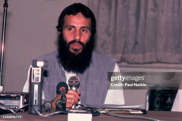 British Folk and Pop musician Yusuf Islam speaks during a press conference at a hotel, Chicago, Illinois, July 30, 1984. The press conference was...