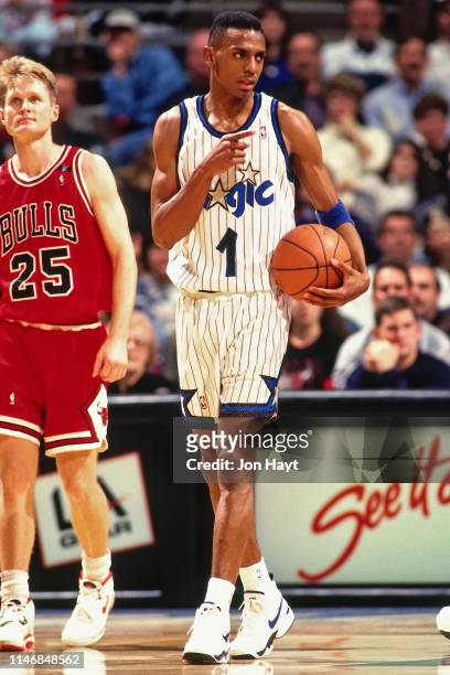Anfernee Hardaway of the Orlando Magic looks on during the game against the Chicago Bulls on January 5, 1994 at the Orlando Arena in Orlando,...