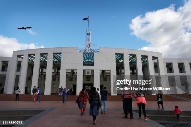 Tourists visit Parliament House of Australia on May 04, 2019 in Canberra, Australia. Australians will head to the polls on May 18 to elect members of...