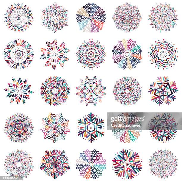 vector colorful snowflake icon collection - circle snowflake pattern stock illustrations