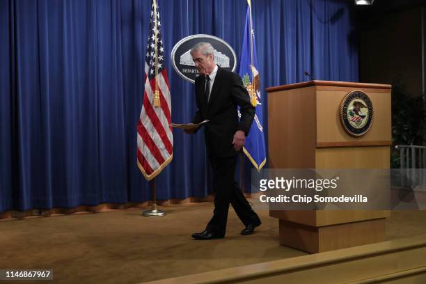 Special Counsel Robert Mueller leaves after making a statement about the Russia investigation on May 29, 2019 at the Justice Department in...
