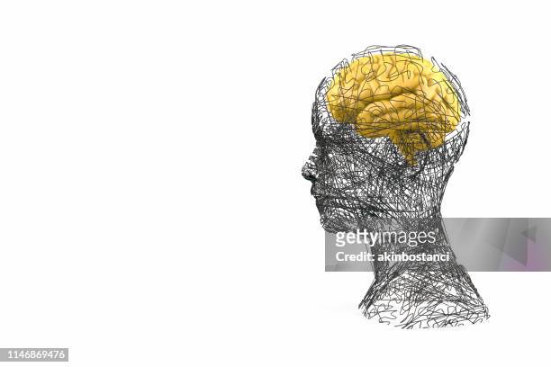 brain, artificial intelligence concept, wired shape cyborg - artificial intelligence white background stock pictures, royalty-free photos & images