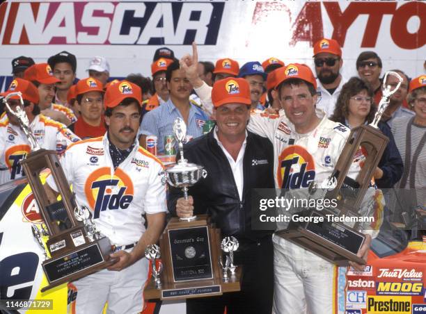 Daytona 500: Darrel Waltrip victorious after winning race with his crew chief, Jeff Hammond and car owner Rick Hendrick at Daytona International...