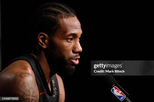 Kawhi Leonard of the Toronto Raptors speaks to the media during practice and media availability as part of the 2019 NBA Finals on May 29, 2019 at...