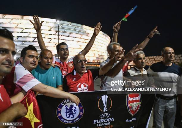 Fans arrive at the Baku Olympic Stadium for the UEFA Europa League final football match between Chelsea and Arsenal in Baku on May 29, 2019.