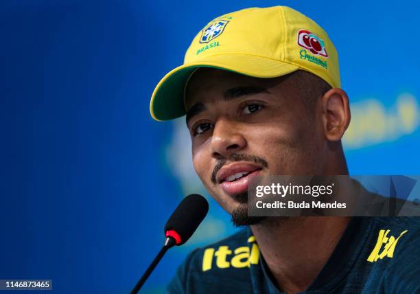 Brazilian National football player Gabriel Jesus attends the media during a press conference at the squad's Granja Comary training complex on May 29,...