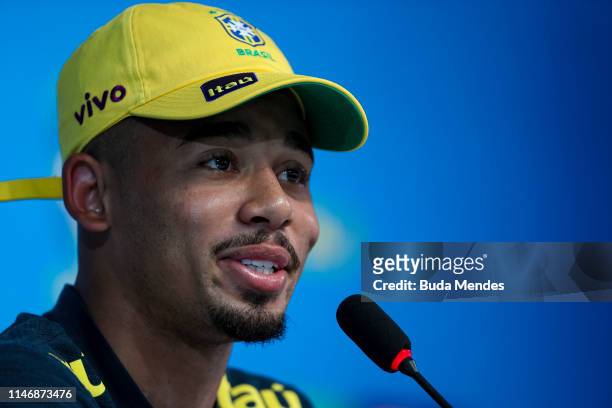 Brazilian National football player Gabriel Jesus attends the media during a press conference at the squad's Granja Comary training complex on May 29,...