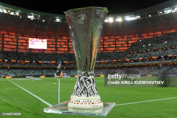 The Europa League trophy is displayed on the pitch prior to the UEFA Europa League final football match between Chelsea FC and Arsenal FC at the Baku...