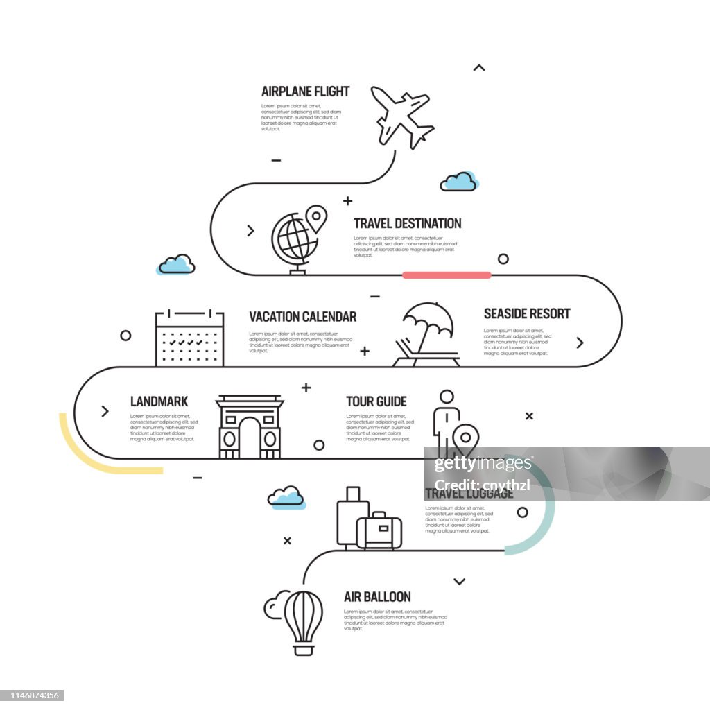 Concetto di vettore turistico e di viaggio ed elementi di design infografico in stile lineare