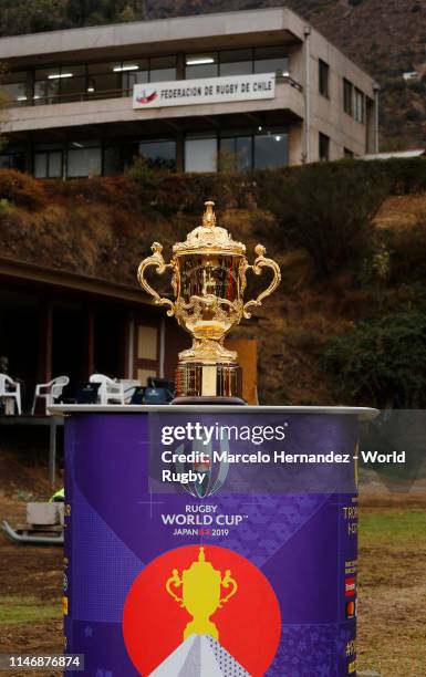 The Webb Ellis Cup is on display at a Get Into Rugby session at the Chilean Rugby Union on day one of the Rugby World Cup 2019 Trophy Tour on May 29,...