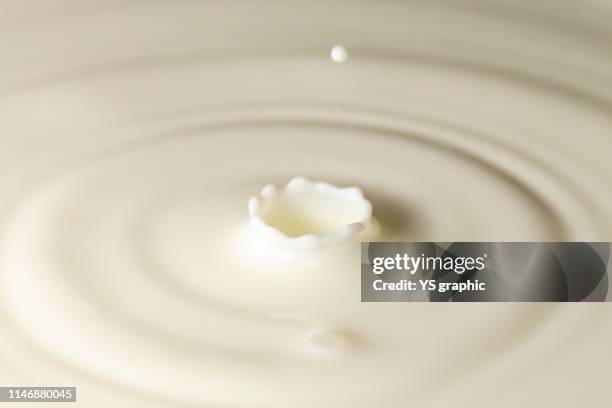 fresh milk single drop splashing in a milk pool. white background. with circle ripples. - beverage with cream stockfoto's en -beelden