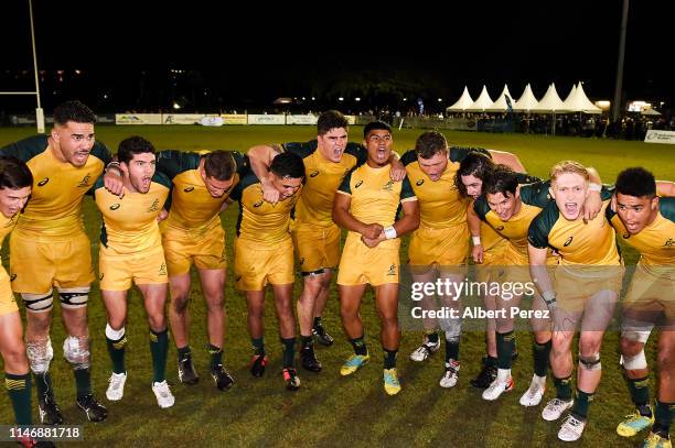 Australian players celebrate winning the Oceania U20 Championship after beating the New Zealand U20 at Bond University on May 04, 2019 in Gold Coast,...