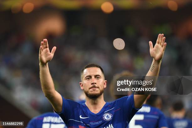 Chelsea's Belgian midfielder Eden Hazard celebrates after celebrates after scoring a goal during the UEFA Europa League final football match between...