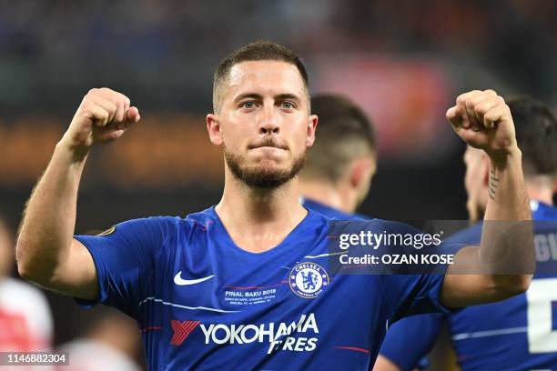 Chelsea's Belgian midfielder Eden Hazard celebrates after celebrates after scoring a goal during the UEFA Europa League final football match between...