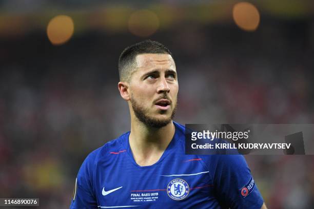 Chelsea's Belgian midfielder Eden Hazard reacts during the UEFA Europa League final football match between Chelsea FC and Arsenal FC at the Baku...