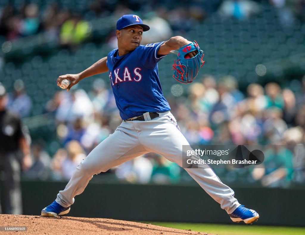 Seattle Rangers Starter Jose LeClerc of the Texas Rangers delivers a pitch during the ...
