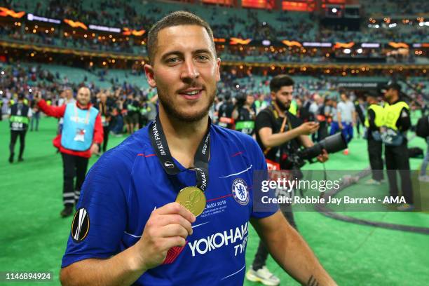 Eden Hazard of Chelsea celebrates with his winners medal after the UEFA Europa League Final between Chelsea and Arsenal at Baku Olimpiya Stadionu on...