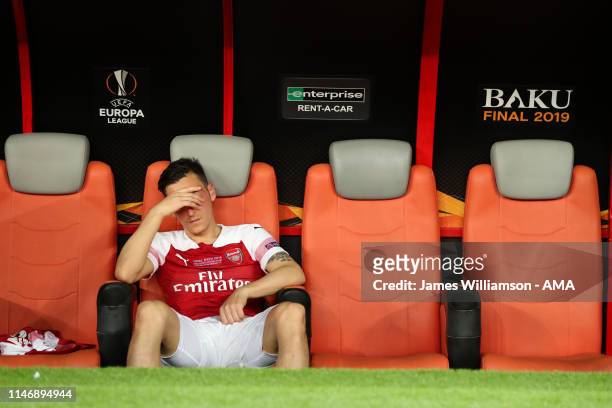 Dejected Mesut Ozil of Arsenal after losing the UEFA Europa League Final between Chelsea and Arsenal at Baku Olimpiya Stadionu on May 29, 2019 in...