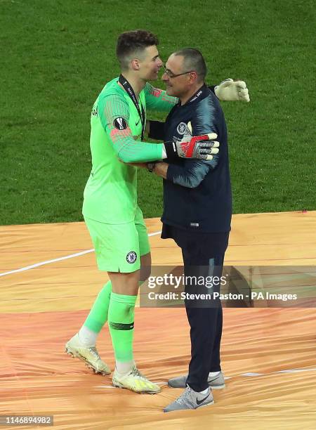 Chelsea manager Maurizio Sarri and goalkeeper Kepa Arrizabalaga celebrate winning the Europa League during the UEFA Europa League final at The...