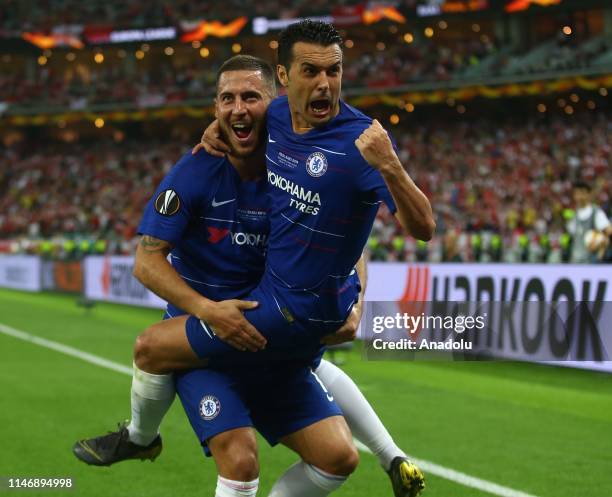 Eden Hazard celebrates with his team mate Pedro Rodriguez after scoring a goal during the UEFA Europa League final between Chelsea FC and Arsenal FC...