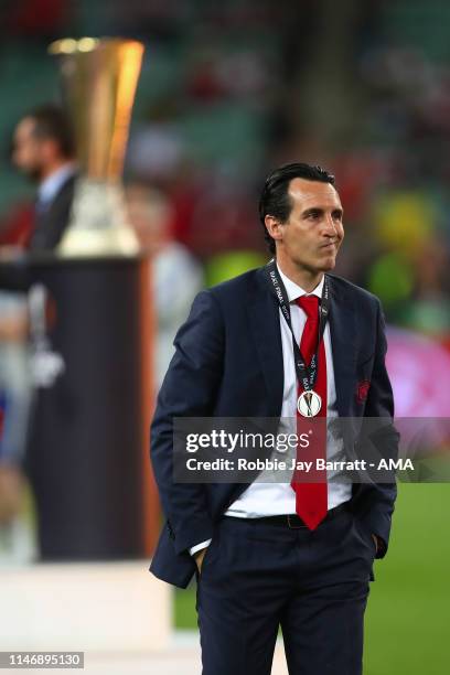 Dejected Unai Emery the head coach / manager of Arsenal after losing in the UEFA Europa League Final between Chelsea and Arsenal at Baku Olimpiya...