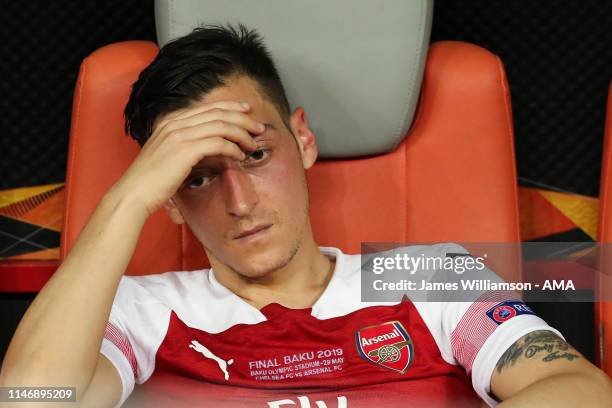 Dejected Mesut Ozil of Arsenal after losing the UEFA Europa League Final between Chelsea and Arsenal at Baku Olimpiya Stadionu on May 29, 2019 in...