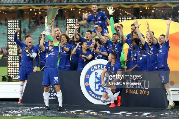 Chelsea FC goalkeeper Kepa Arrizabalaga, Antonio Rudiger of Chelsea FC, Marcos Alonso of Chelsea FC, Jorginho of Chelsea FC, Danny Drinkwater of...