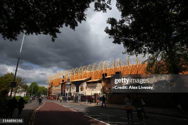 General view outside the stadium prior to the Premier League match between Wolverhampton Wanderers and Fulham FC at Molineux on May 04, 2019 in...