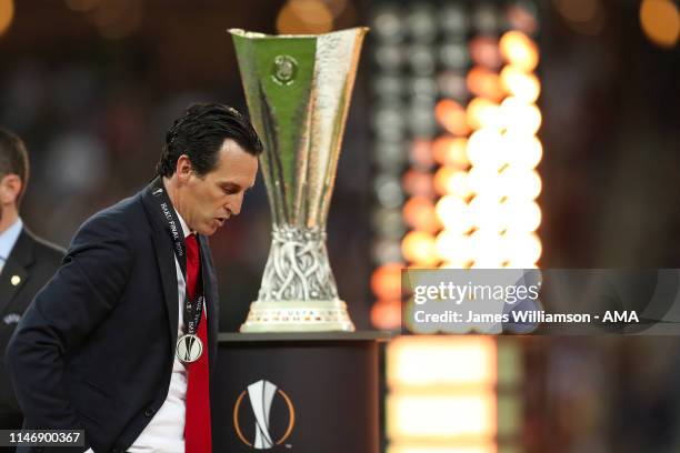 Dejected Unai Emery the head coach / manager of Arsenal after losing the UEFA Europa League Final between Chelsea and Arsenal at Baku Olimpiya...