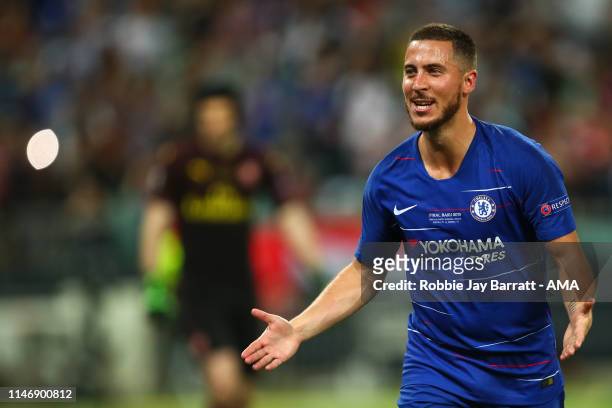 Eden Hazard of Chelsea celebrates after scoring a goal to make it 3-0 during the UEFA Europa League Final between Chelsea and Arsenal at Baku...